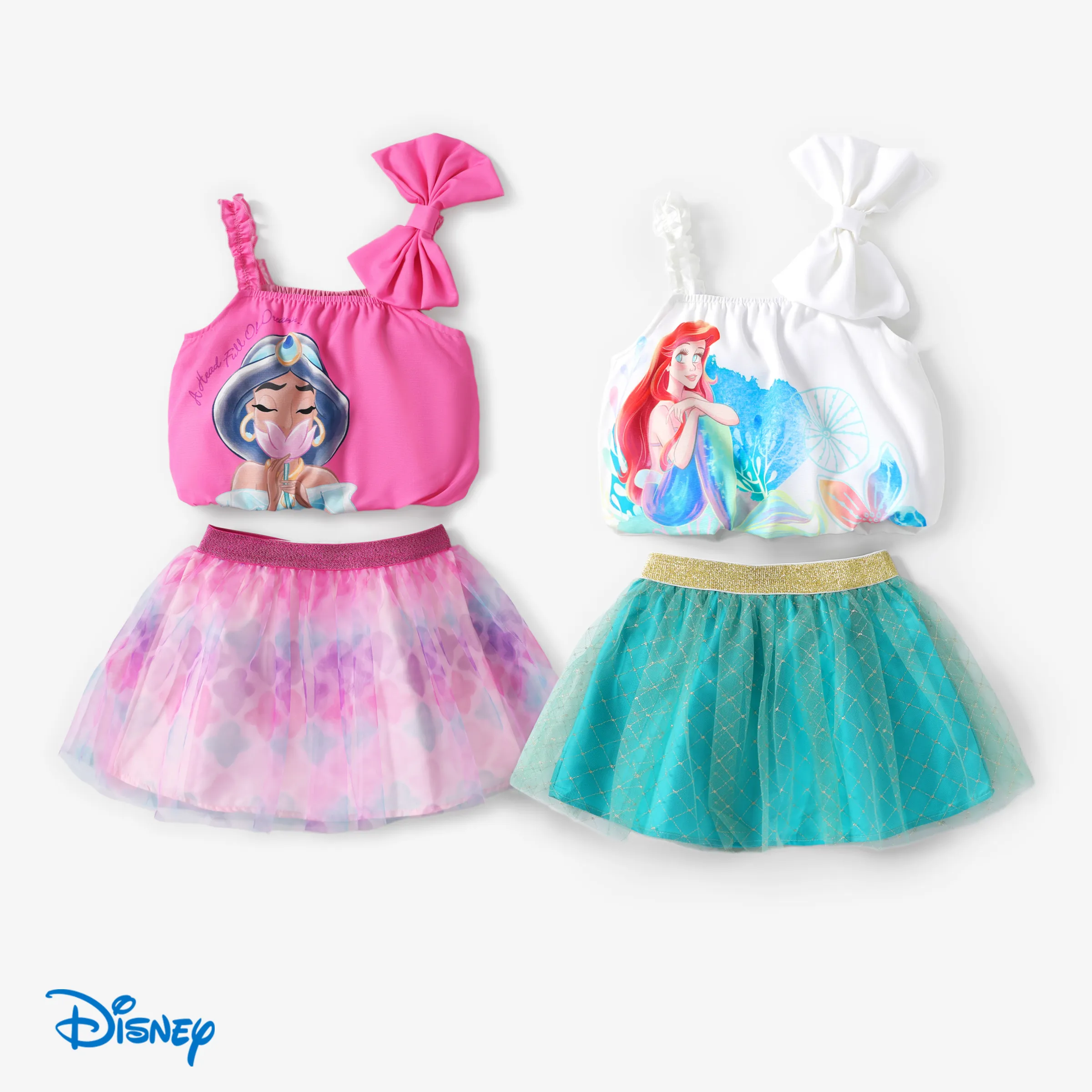 迪士尼公主愛麗兒/茉莉花 2 件套幼兒女孩角色印花蝴蝶結袖上衣帶網眼裙套裝
