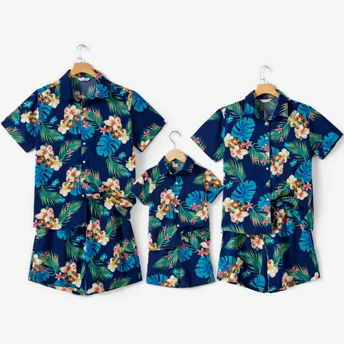 Conjuntos Familiares Combinando Camisa Floral Tropical e Calção de Cordão com Bolsos 
