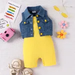 2pcs Baby Girl Solid Rib-knit Romper and Button Up Front Vest Denim Jacket Set Yellow