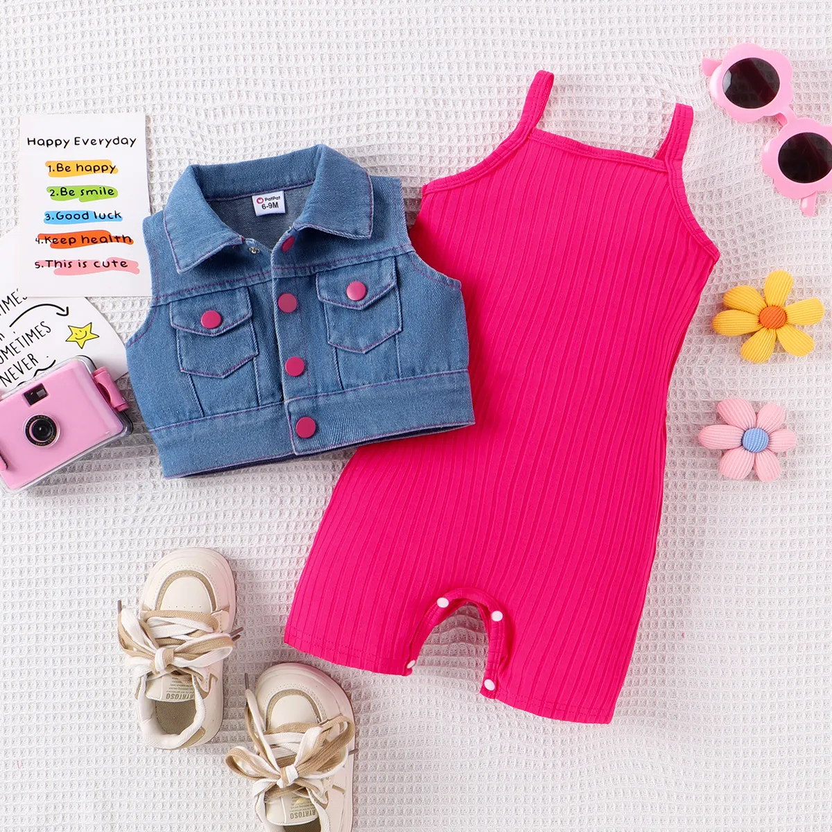 2pcs Baby Girl Solid Rib-knit Romper and Button Up Front Vest Denim Jacket Set