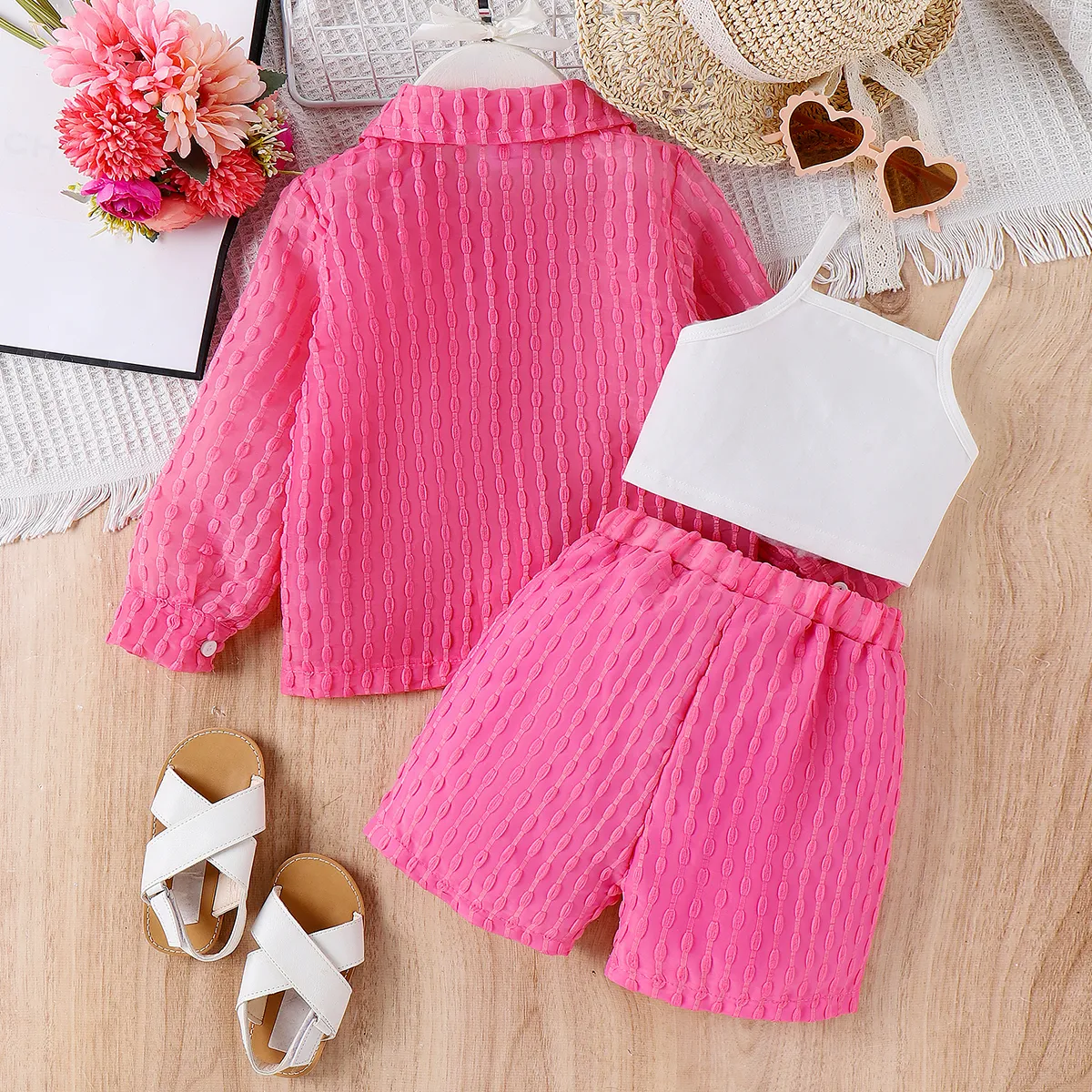 3pcs Toddler Girl Sweet Solid Color Lapel Top and Shorts Sets Pink big image 1