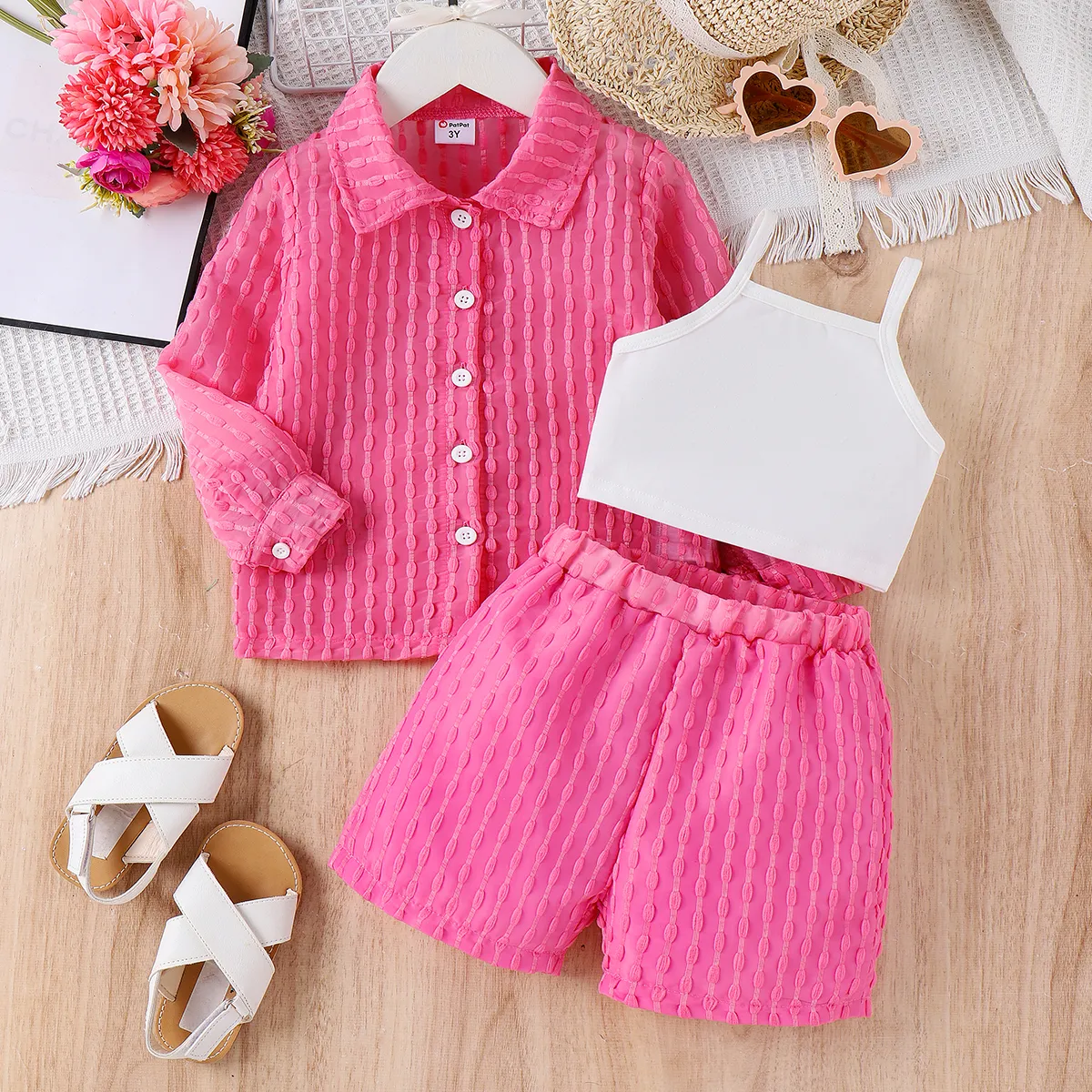 3pcs Toddler Girl Sweet Solid Color Lapel Top and Shorts Sets Pink big image 1