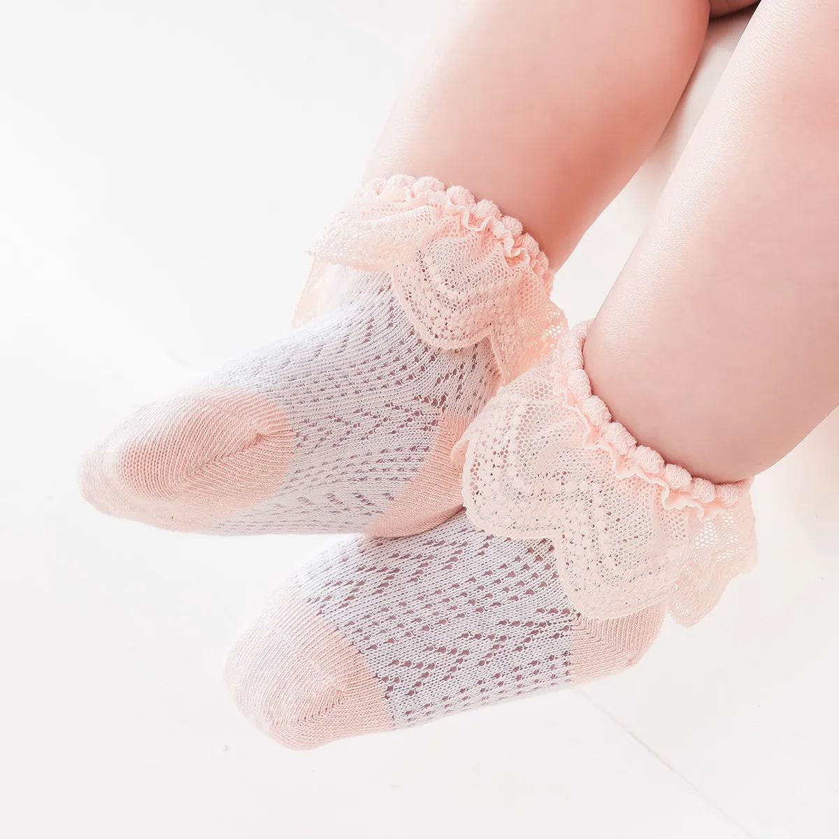 Baby/toddler/kids Girl Sweet Style Ruffle Trim Lace Mesh Socks  Pink big image 1