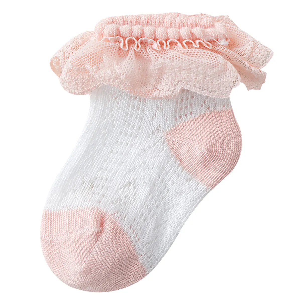 嬰兒/幼兒/兒童女孩甜美風格荷葉邊飾邊蕾絲網眼襪子 粉色 big image 1