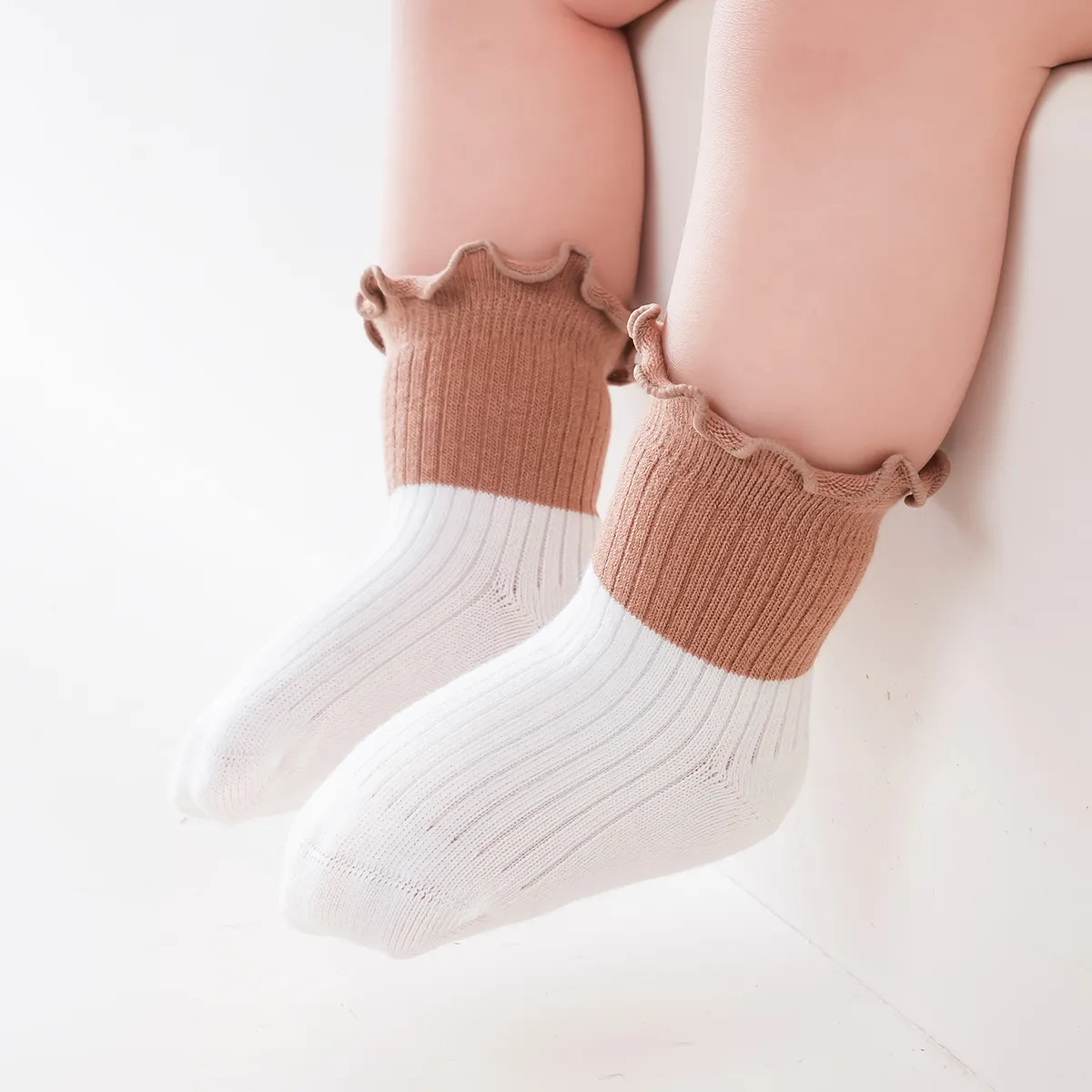 Baby/toddler/kids Girl Sweet Style Colorblock Flutter Trim Socks Coffee big image 1