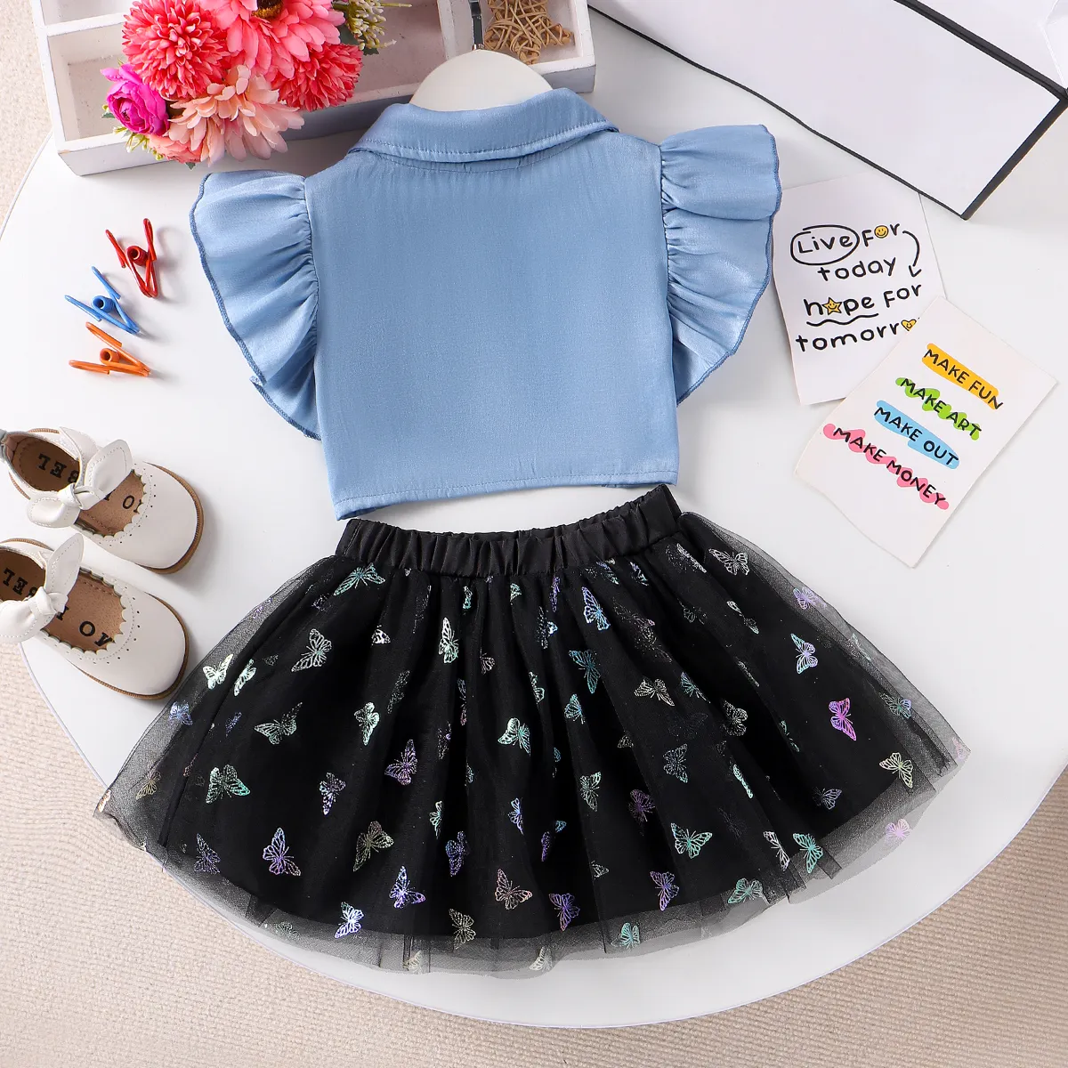 Sweet Toddler Girl 2pcs Animal Pattern Suit Dress with Flutter Sleeve Blue big image 1