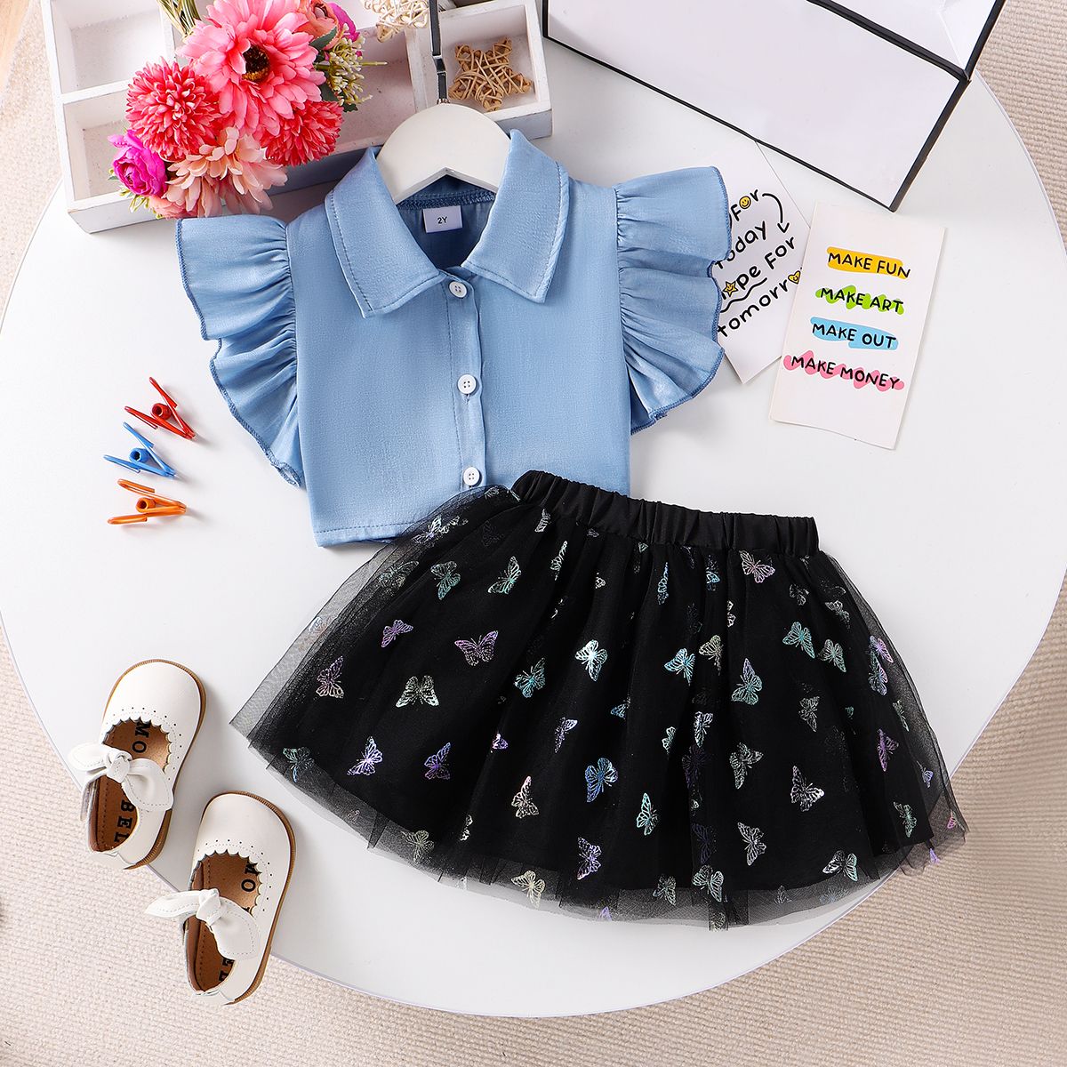 Sweet Toddler Girl 2pcs Animal Pattern Suit Dress with Flutter Sleeve