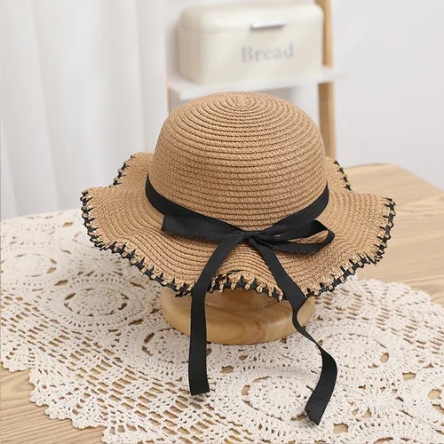 Woven Edging Straw Hat with Bow for Mommy and Me