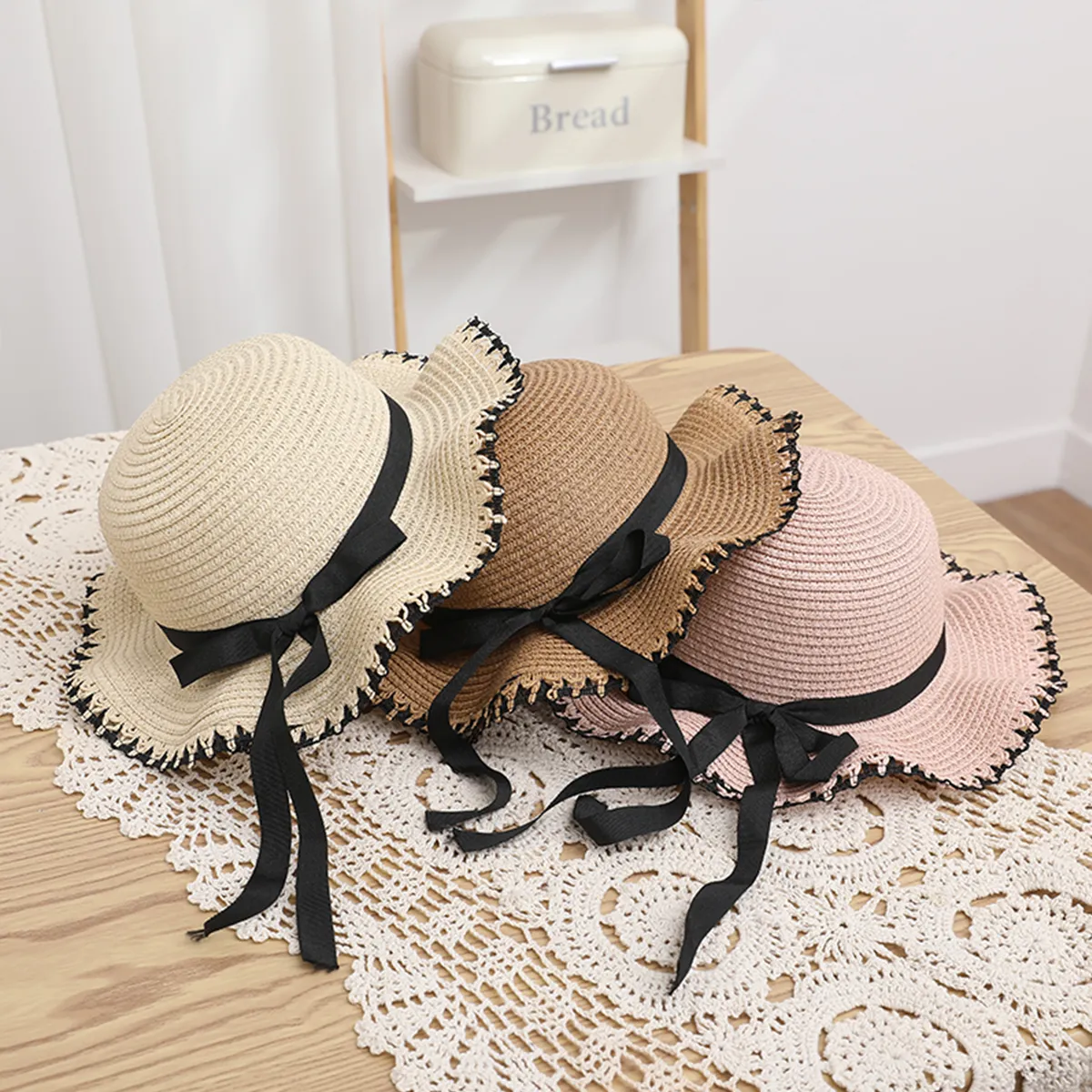 Woven Edging Straw Hat with Bow for Mommy and Me Khaki big image 1