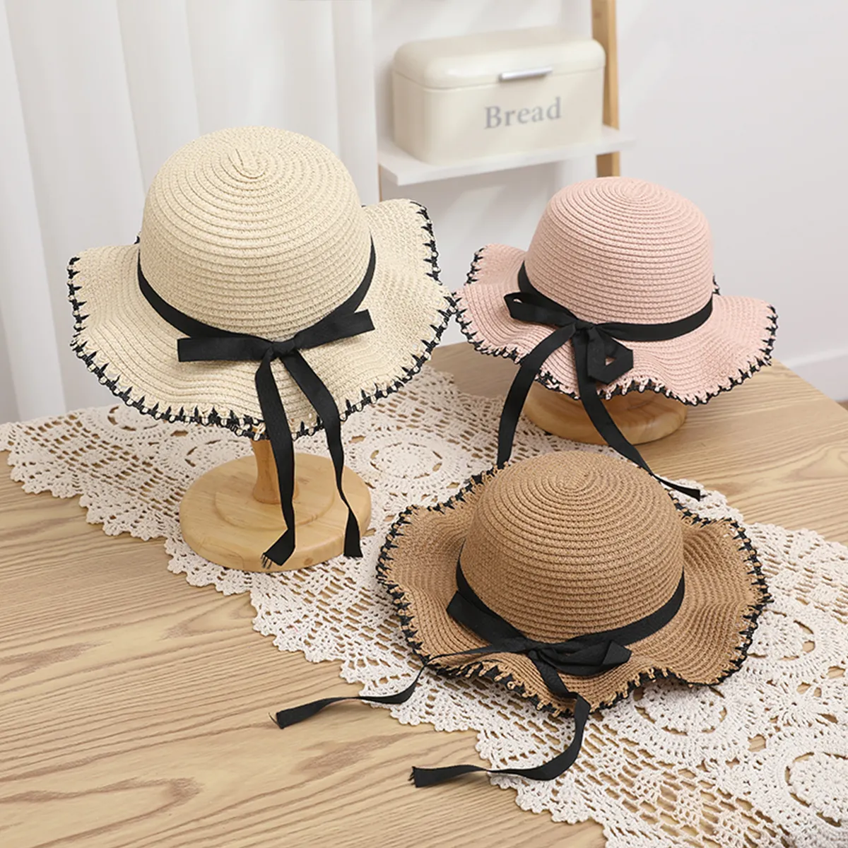 Woven Edging Straw Hat with Bow for Mommy and Me Khaki big image 1