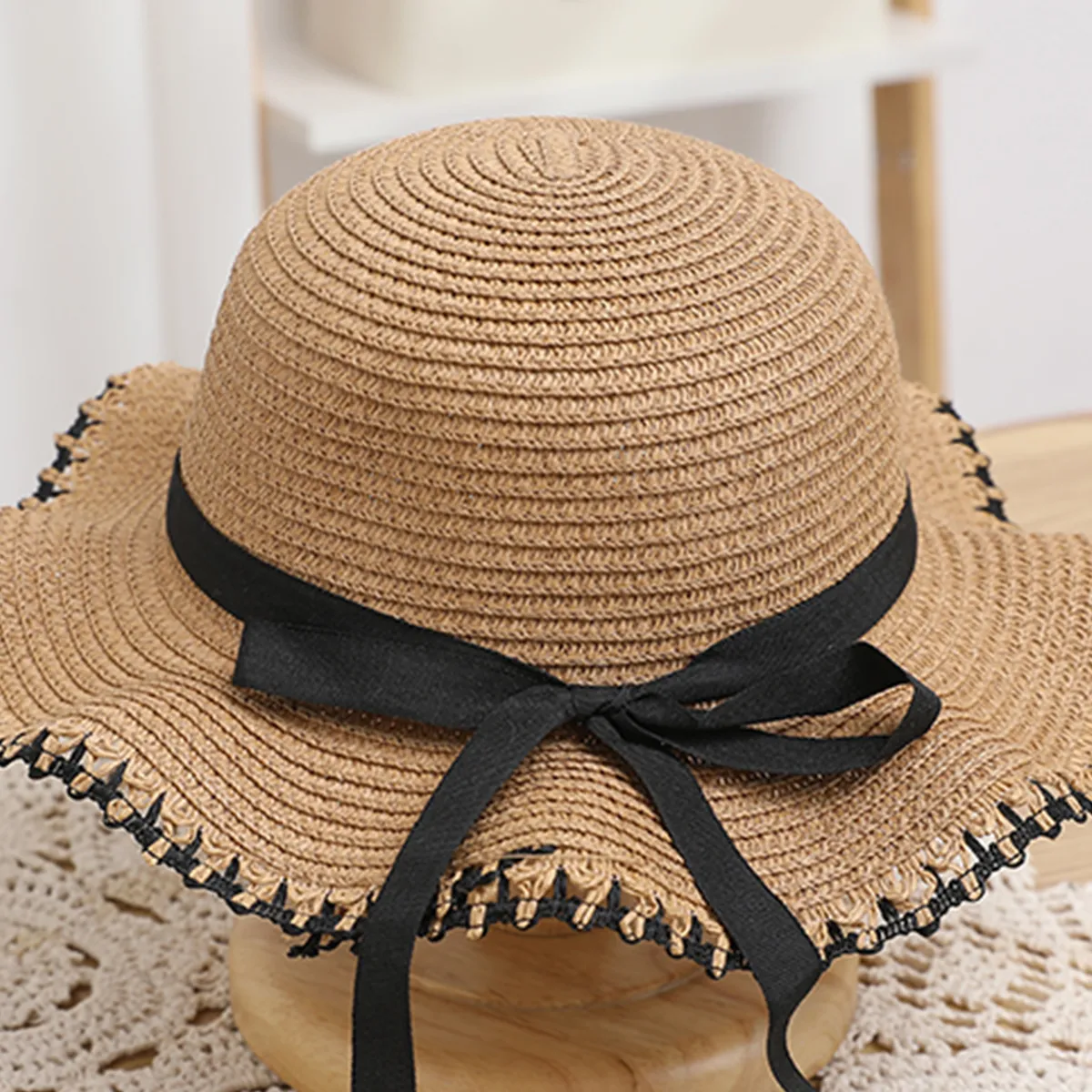 Sombrero de paja de borde tejido con lazo para mamá y para mí Caqui big image 1