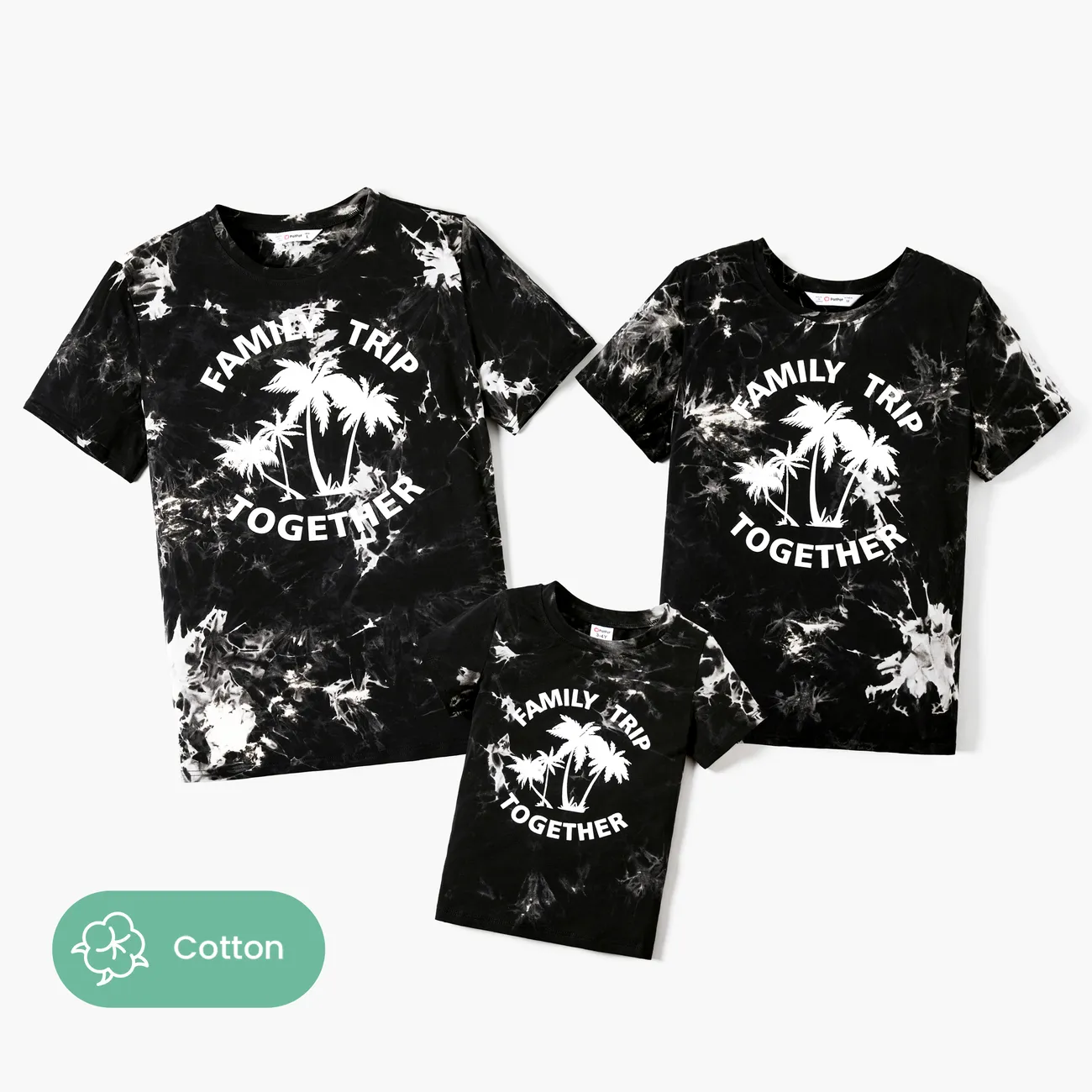 Family Matching Coconut Tree Pattern Tie-Dye Short Sleeves Vacation Tops BlackandWhite big image 1