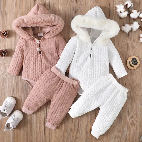 2pcs Baby Boy/Girl White Imitation Knitting Textured Spliced Faux Fur Hooded Long-sleeve Romper and Pants Set