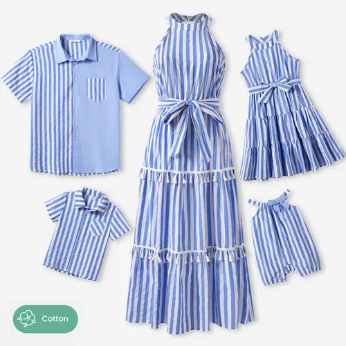 Family Matching Stripe Shirt and High Neck Halter Tiered Tassel Trim Dress Sets