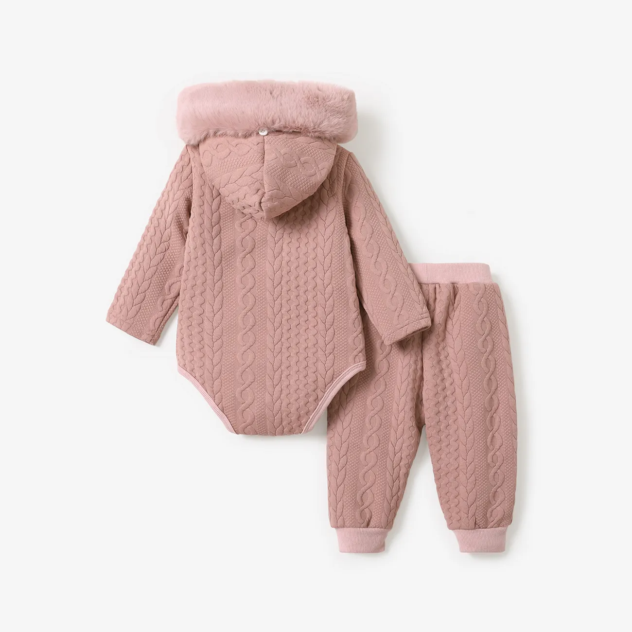 2pcs Baby Boy/Girl White Imitation Knitting Textured Spliced Faux Fur Hooded Long-sleeve Romper and Pants Set Pink big image 1