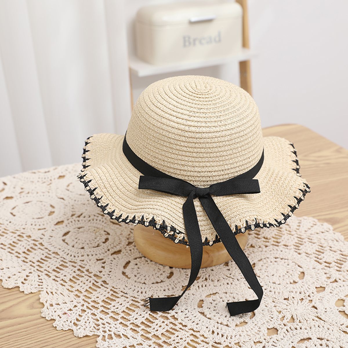 Woven Edging Straw Hat with Bow for Mommy and Me