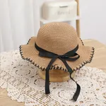 Woven Edging Straw Hat with Bow for Mommy and Me Khaki