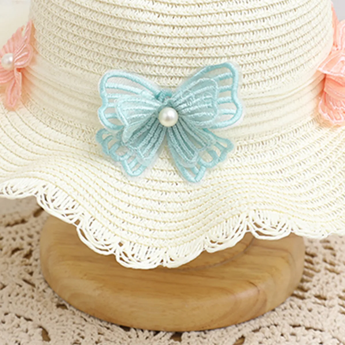 Mommy and Me Sweet Style Pearl Bow Detailed Straw Hat White big image 1