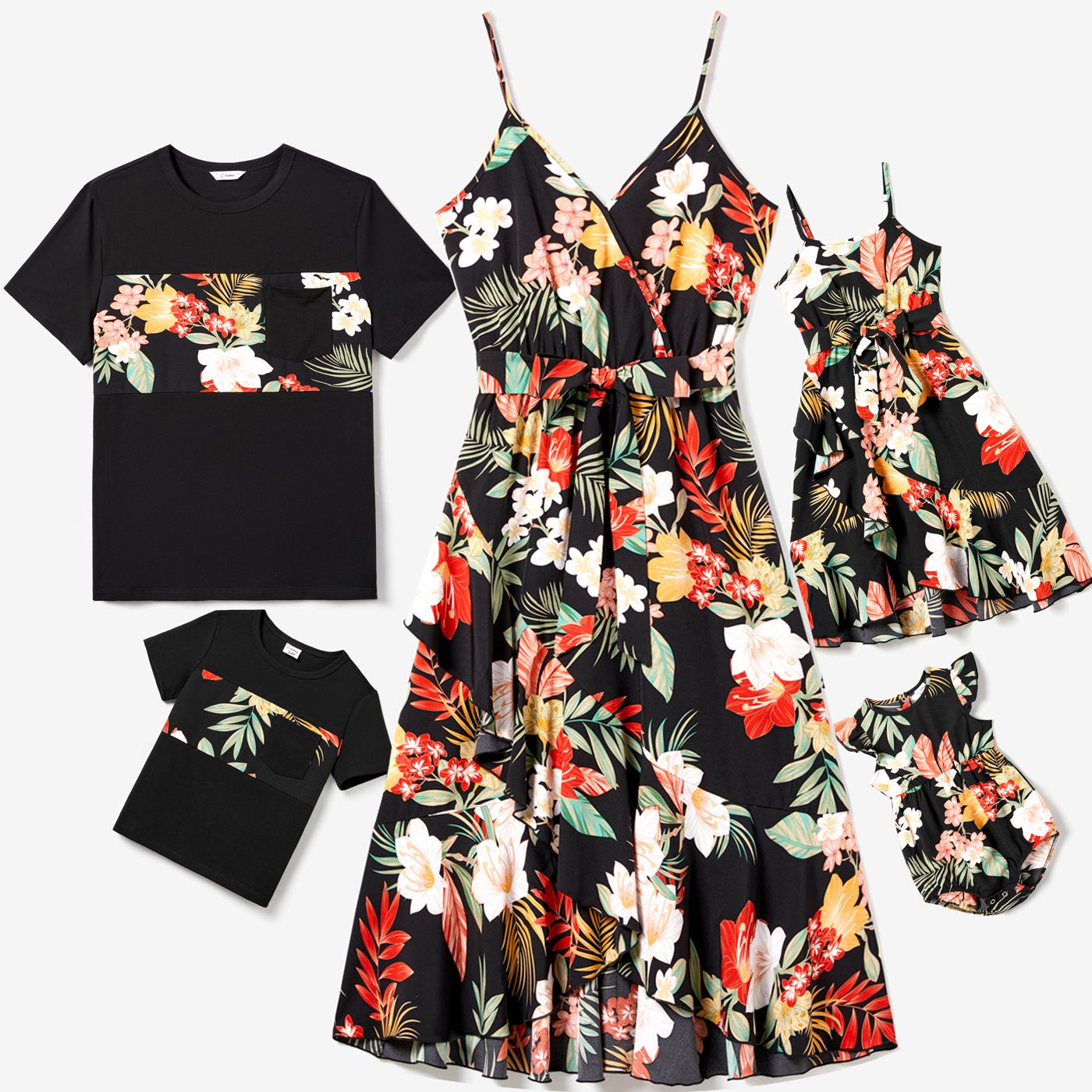 

Family Matching Large Floral Wrap Front Strap Dress and Colorblock T-shirt Sets