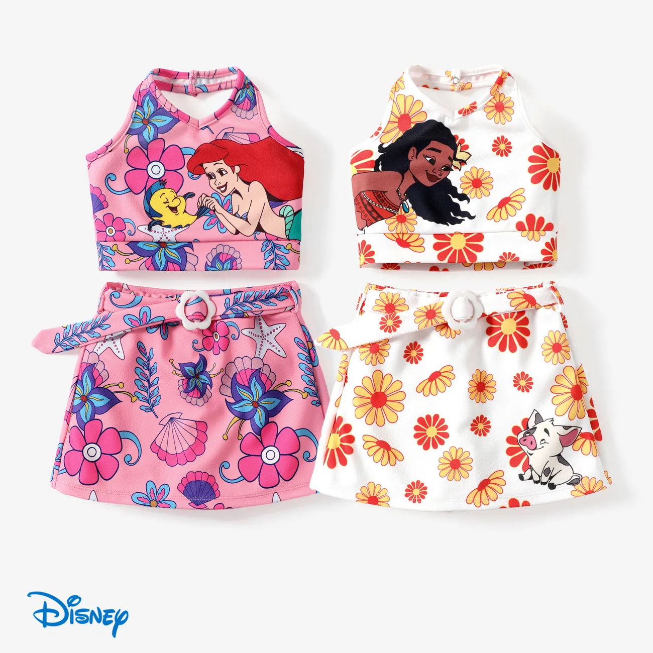Disney Princess Toddler Girls Ariel/Moana 2pcs Character Print Halter Top with Floral Skirt Sets White big image 1