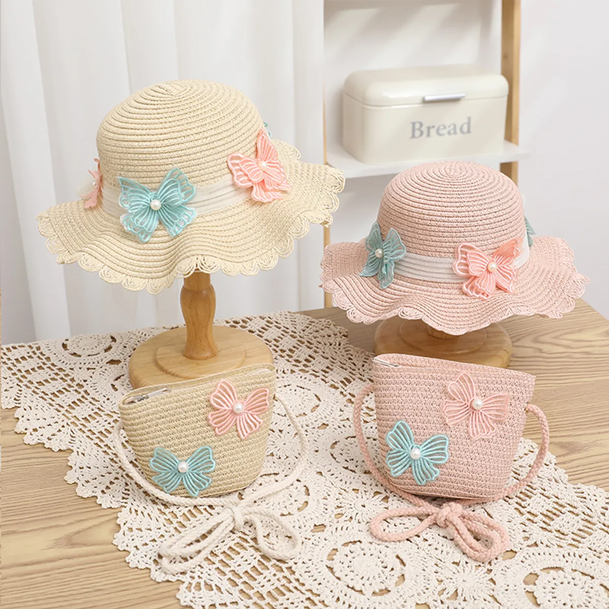 Mommy and Me Sweet Style Pearl Bow Detailed Straw Hat Yellow big image 1
