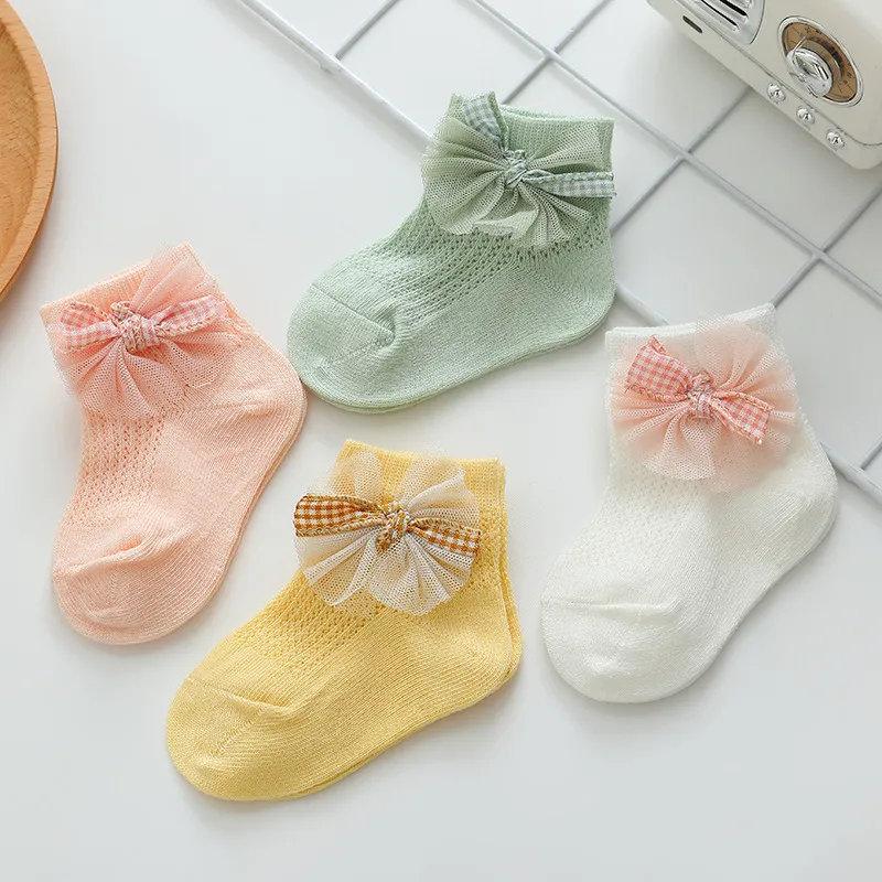 夏季薄網眼嬰兒襪，可愛蝴蝶結公主設計 白色 big image 1