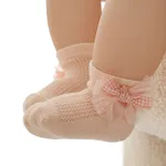 夏季薄網眼嬰兒襪，可愛蝴蝶結公主設計 粉色