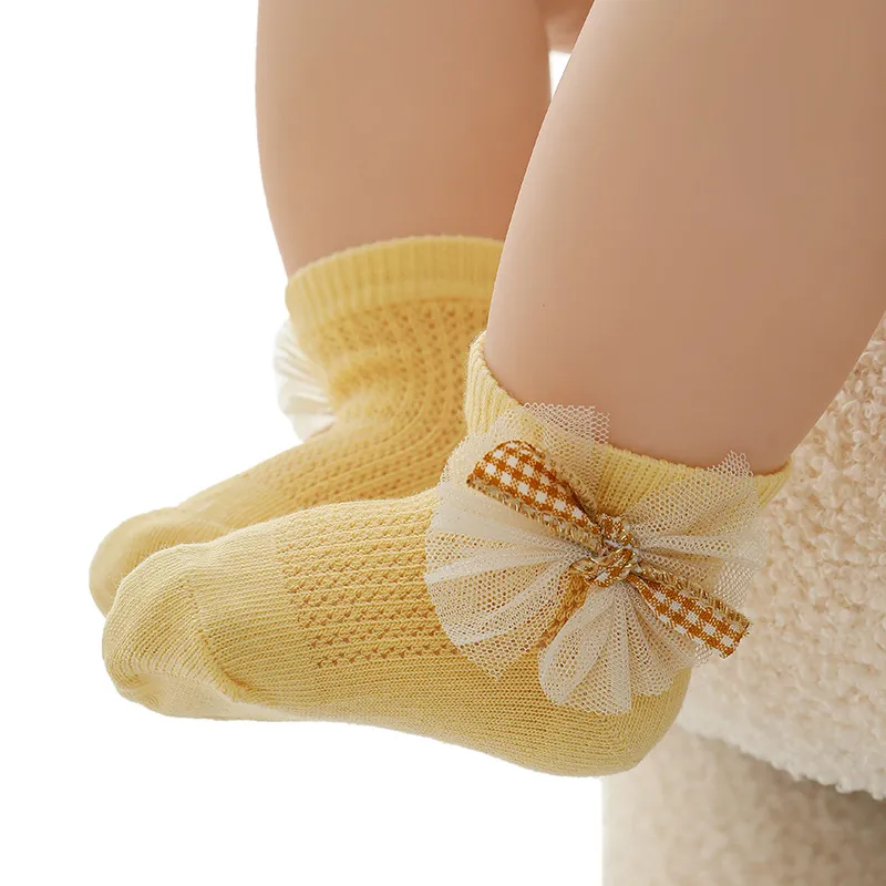 Summer Thin Mesh Baby Socks with Cute Bow Princess Design Yellow big image 1