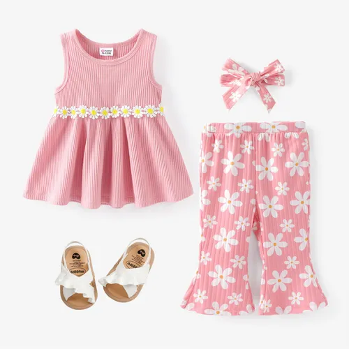 Baby Girl 3pcs Sweet Little Daisy 3D Top y Pantalones Acampanados con Estampado Floral con Conjunto de Diadema