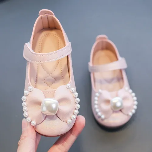 Toddler/Kid Girl Sweet Bow Applique Pearl Velcro Sapatos de Couro Fechamento