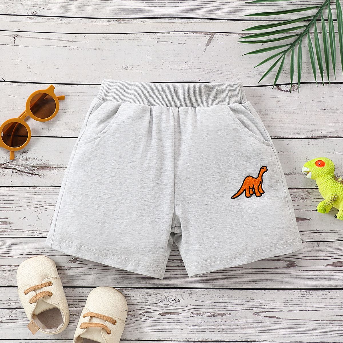 Dinosaur Pattern Toddler Boy Shorts Set, 1pc, Polyester/Spandex Blend, Machine Washable