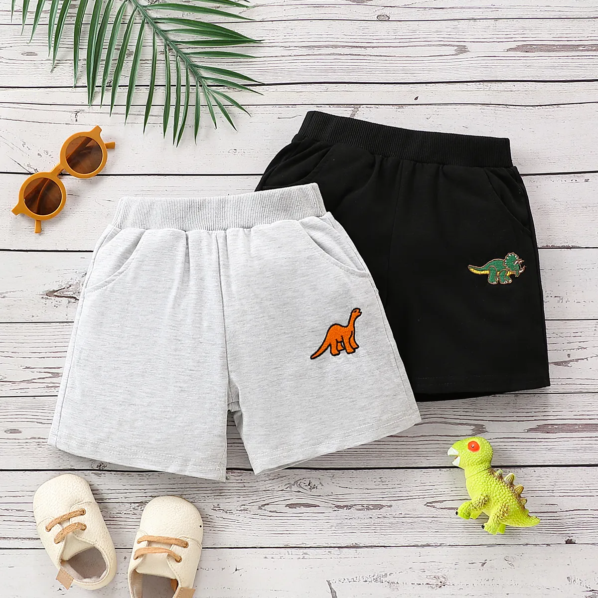 Dinosaur Pattern Toddler Boy Shorts Set, 1pc, Polyester/Spandex Blend, Machine Washable Grey big image 1