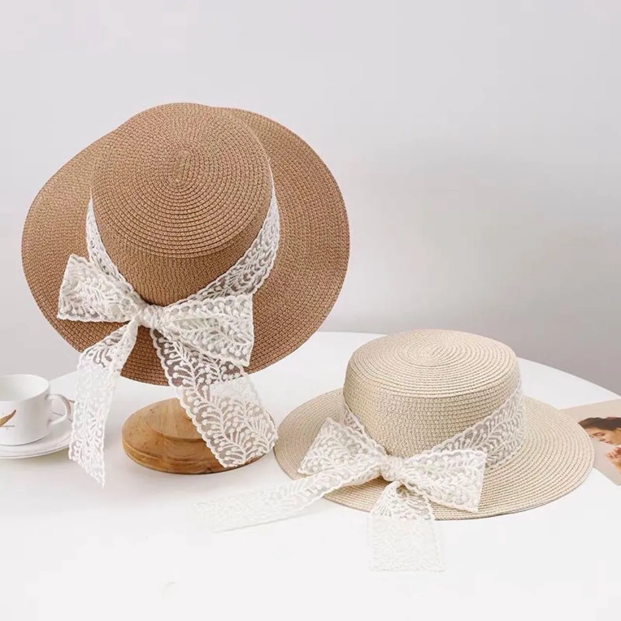 Lace Butterfly Bow Sun Hat for Mommy and Me, Elegant and Artistic for Outings and Trips Khaki big image 1