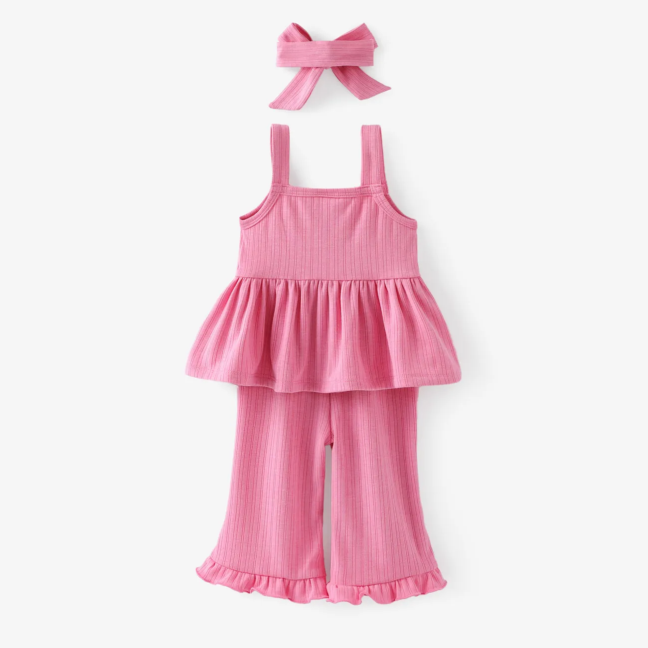 Baby Girl 3pcs Solid Color Ruffled Camisole and Pants with Headband Set Roseo big image 1