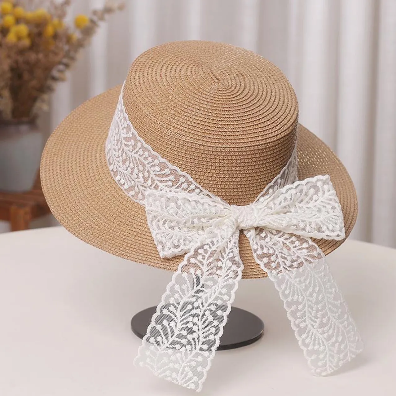 Sombrero de encaje con lazo de mariposa para el sol para mamá y para mí, elegante y artístico para salidas y viajes Caqui big image 1