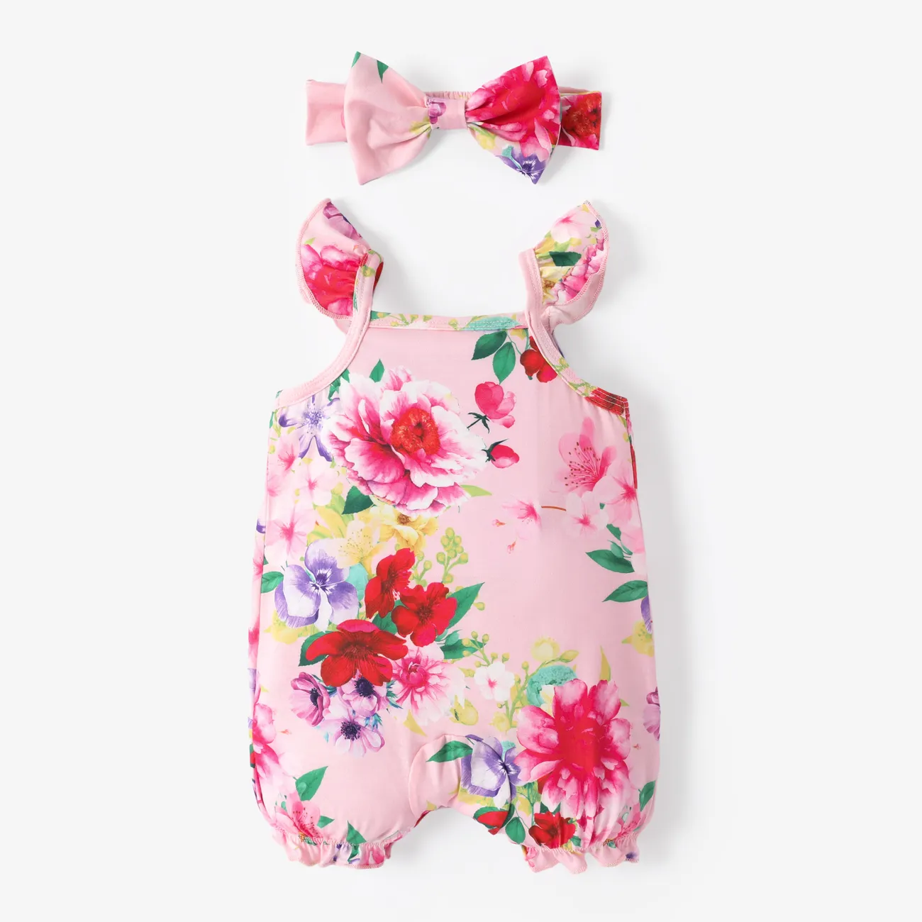 Baby Girl 2pcs Floral Pattern Flutter-sleeve Romper with Headband Pink big image 1