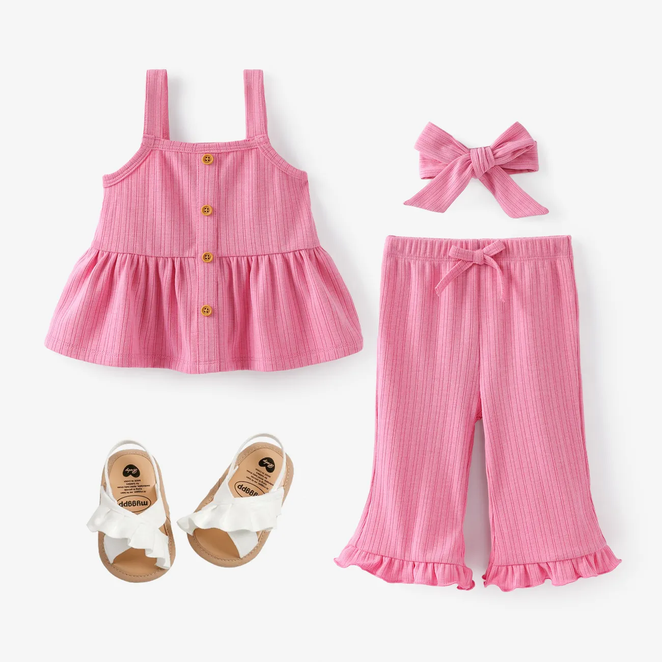 Baby Girl 3pcs Solid Color Ruffled Camisole and Pants with Headband Set Roseo big image 1