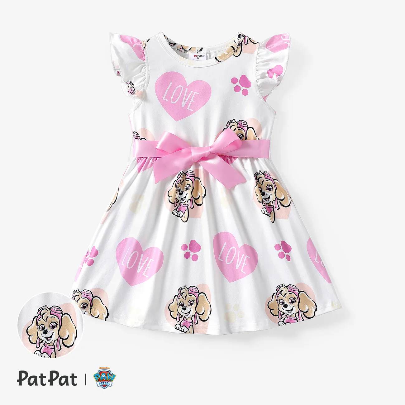 Paw Patrol Toddler Girls Mother's Day 1pc Character Print Bow-tie Ruffled-sleeve Dress Pink big image 1