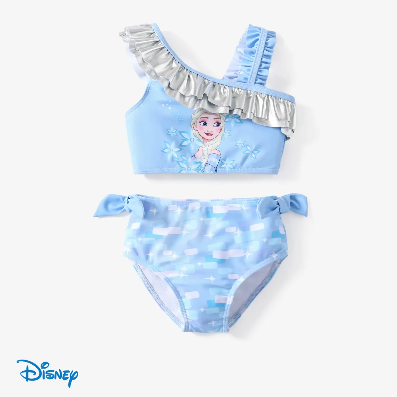 Disney Frozen Toddler Girl 2pcs Elsa Sparkle Print with Bowknot One-shoulder Ruffle Swimsuit  Light Blue big image 1