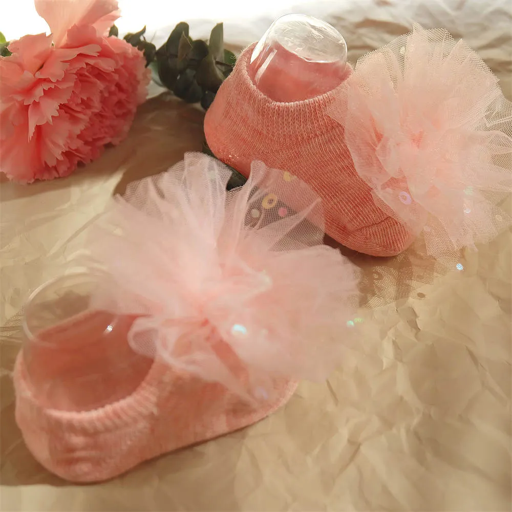 Baby Girl Sweet Style Mesh Peony Applique Floor Socks  Pink big image 1