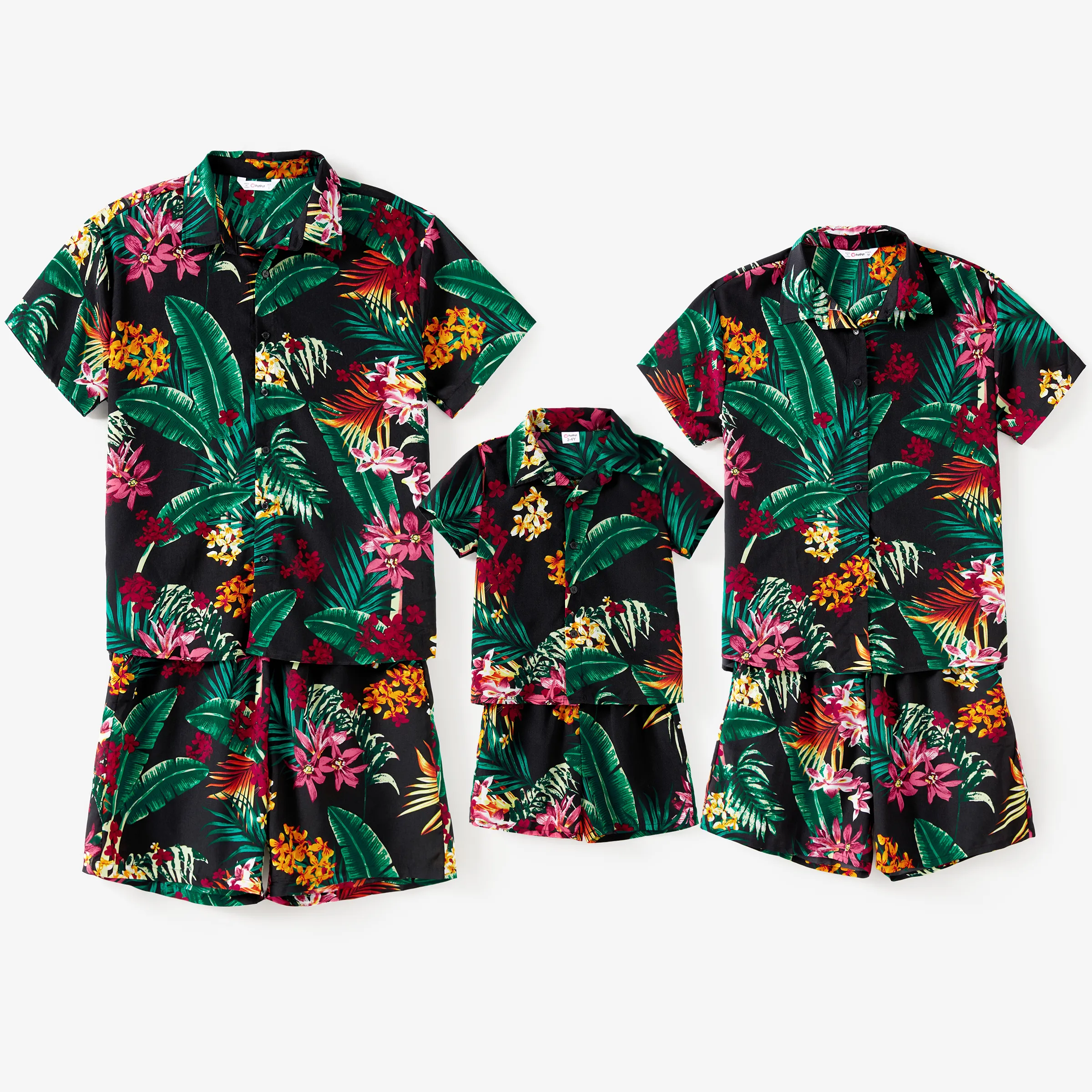 Family Matching Co-Ord 套裝熱帶植物花卉襯衫和帶口袋的抽繩短褲