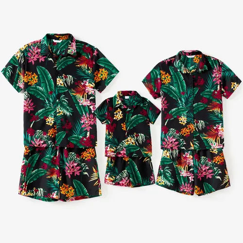 Conjuntos familiares a juego Camisa floral de plantas tropicales y pantalones cortos con cordón y bolsillos 