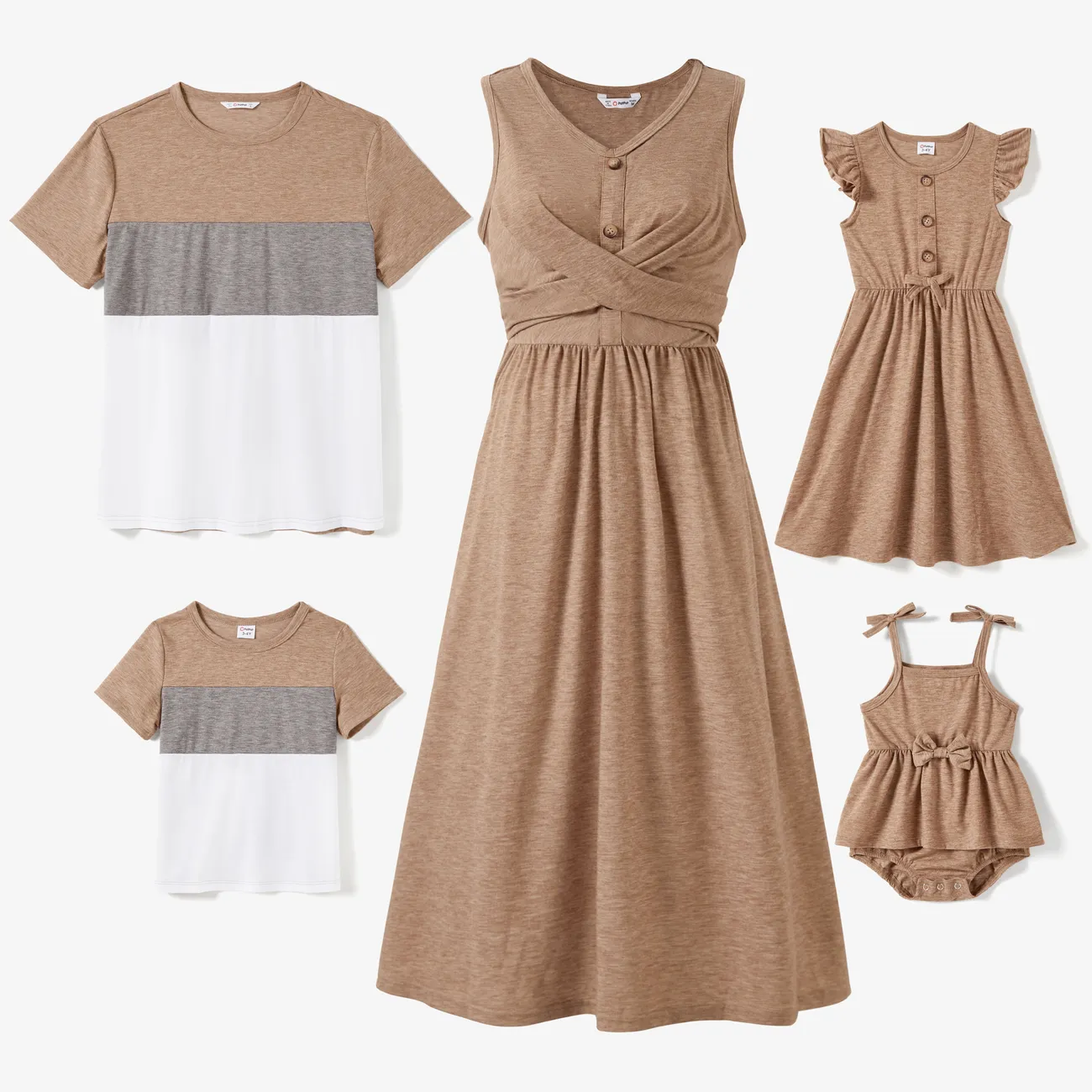 Family Matching Sets Cross-Over Button Front Khaki Dress and Color Block Tee  Khaki big image 1