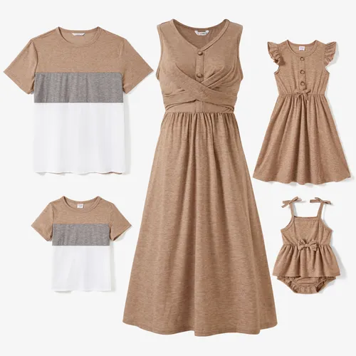 Family Matching Sets Cross-Over Button Front Khaki Dress and Color Block Tee 