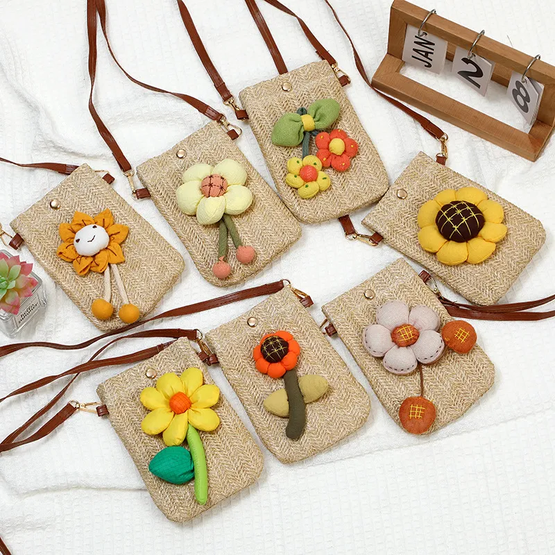 Toddler/kids Girl Sweet Style Flower Detail Snap Button Straw Crossbody Bags  Color-A big image 1