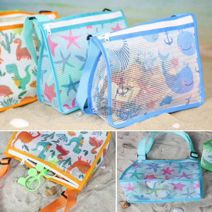 Bolsos bandolera de playa de malla con cremallera estampada para niños pequeños / niños 