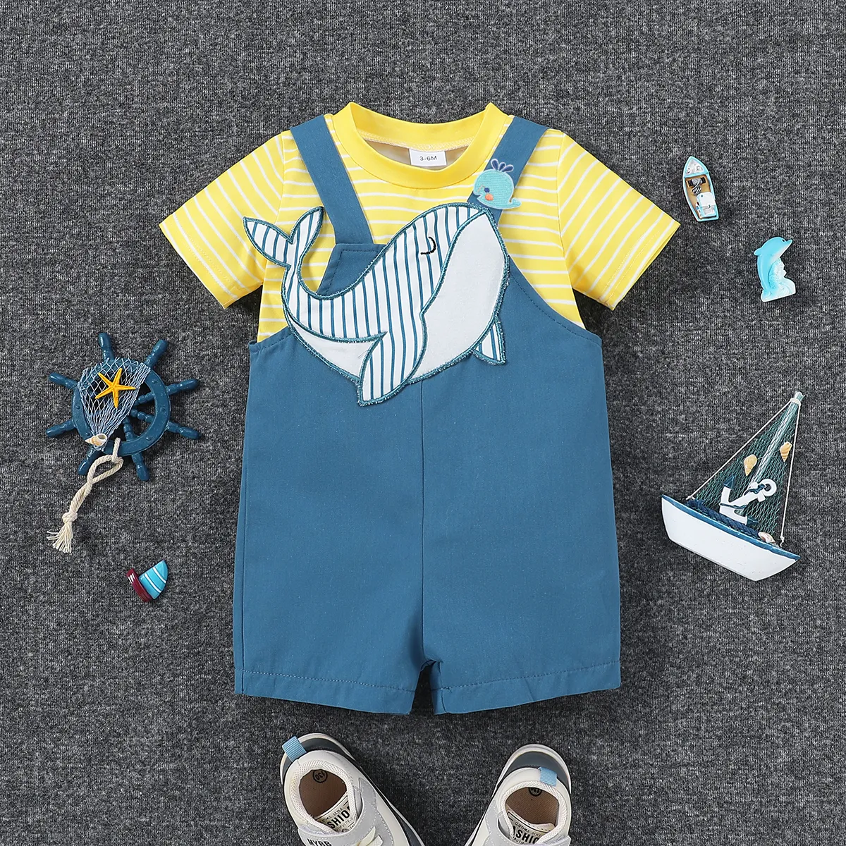 2pcs Baby Boy 3D Marine Stripe Tee and Overalls Set  Blue big image 1
