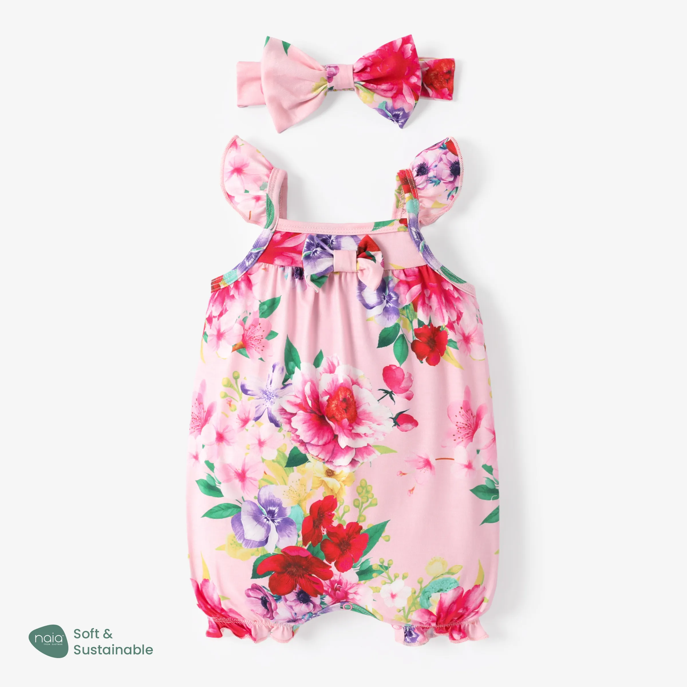 Baby Girl 2pcs Floral Pattern Flutter-sleeve Romper with Headband