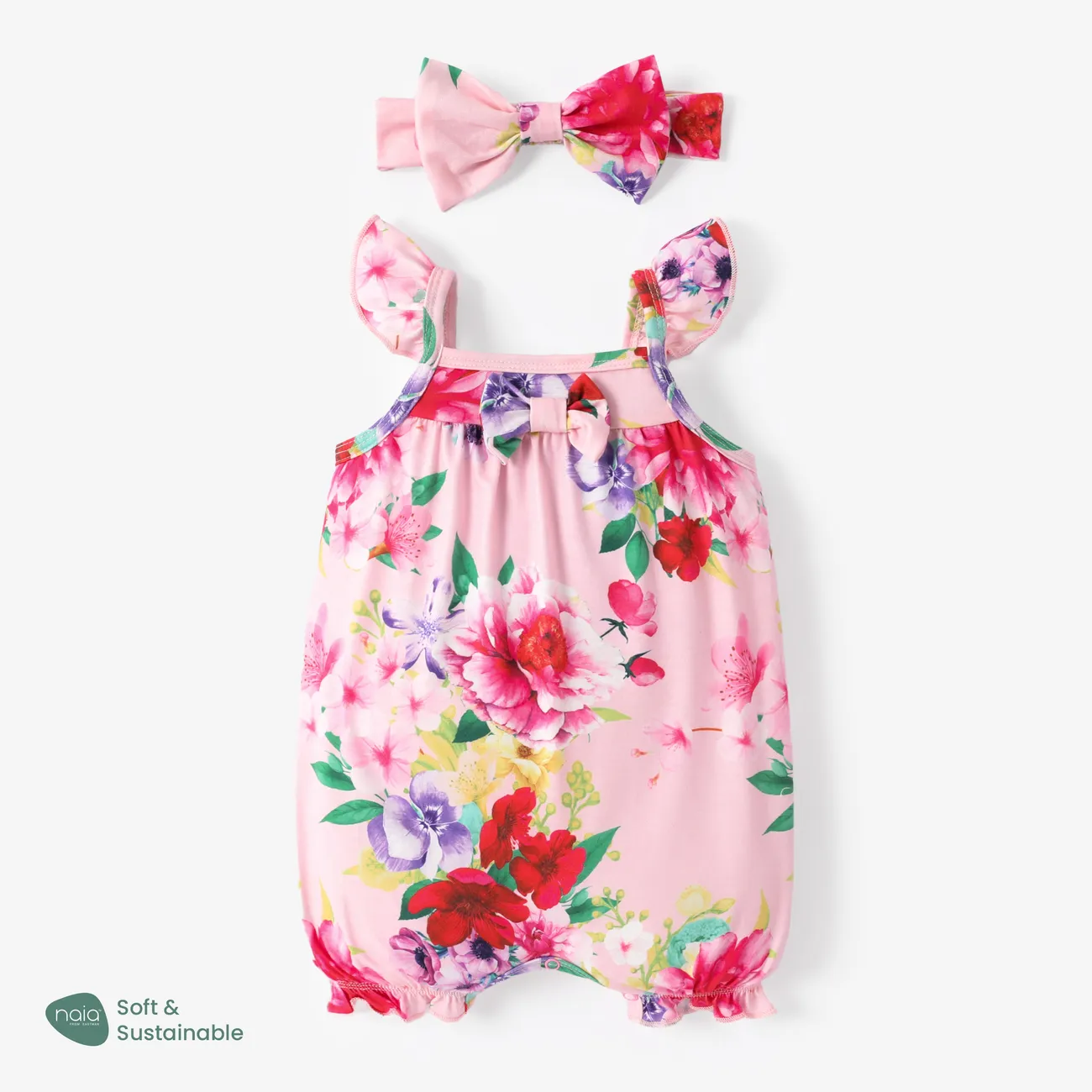 Baby Girl 2pcs Floral Pattern Flutter-sleeve Romper with Headband Pink big image 1