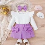 3pcs Baby Girl 95% Cotton Ribbed Ruffle Long-sleeve Top and Bow Front Skirt & Headband Set Lavender